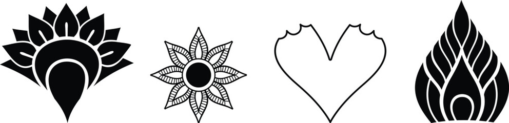 Row of Four Black and White Ornamental Flower/Flame Symbols for Certificates/Decorations.