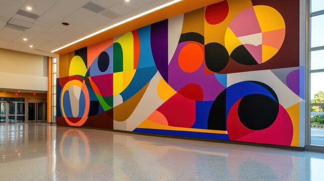Vibrant abstract mural adorns a modern interior hallway, showcasing a dynamic arrangement of geometric shapes in bold colors.