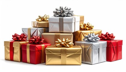 Multiple Stacked Christmas Gifts Wrapped in Shimmering Gold and Silver