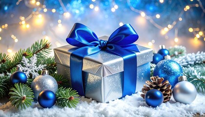 Luxury Still Life Christmas Gift Box Wrapped in Shimmering Silver Foil