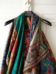 Ornate embroidered textile hangs with bohemian charm and rich color