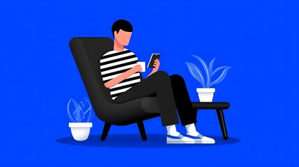 A person sitting comfortably in a modern chair, casually using a mobile device while surrounded by a minimalist interior design with a plant and coffee cup on a small table nearby.