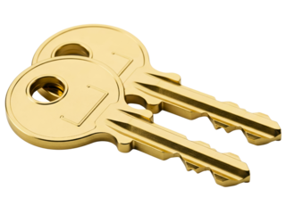 Pair of shiny new gold colored house keys for a door lock on a transparent background