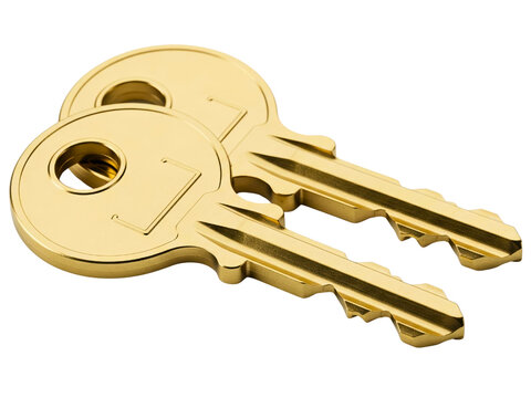 Pair of shiny new gold colored house keys for a door lock on a transparent background