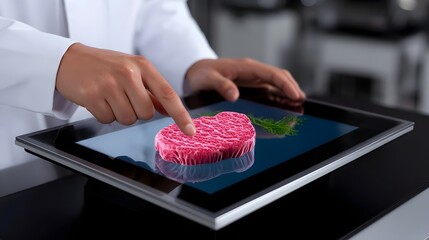 Close-up of a chef's hands using a digital tablet to display and prepare a fresh cut of meat in a professional kitchen setting.