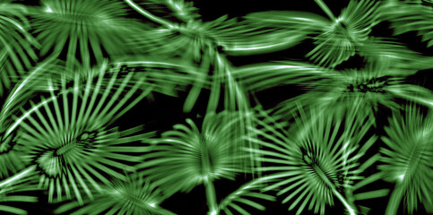 Realistic transparent and blurred green from of leafs tree on the black background. Tropical leaves and branches wallpaper print. Overlay texture mockup. 3d rendering illustration