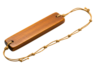 Wooden block with a cord handle featuring decorative knots on a transparent background
