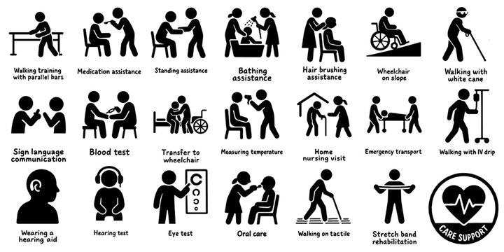 Care and Support Silhouette Icon Set／介護・福祉支援のシルエットアイコンセット