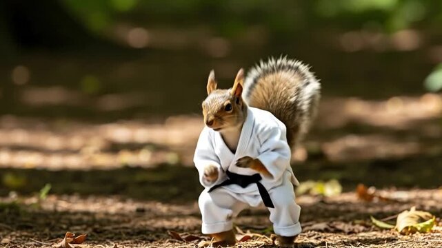 A small squirrel in a white martial arts uniform posing in a combat stance