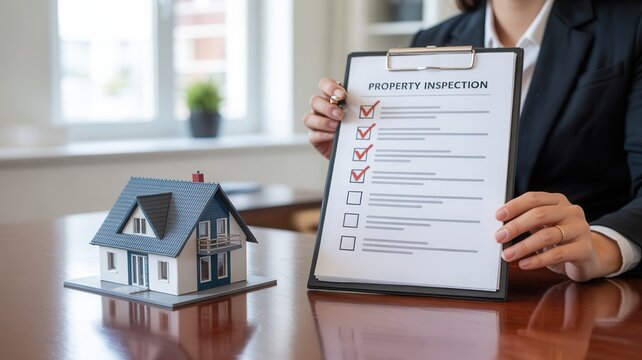 Professional home inspector presenting inspection report checklist next to miniature house model, ensuring quality and peace of mind during real estate transaction