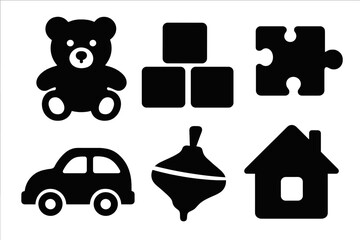 Children's toys icon set in black silhouette. Teddy bear, cubes, jigsaw puzzle, car, spinning top, house. Flat vector graphic symbols for baby, playtime, and kindergarten.