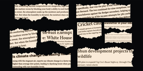 Trendy set of torn newspapers in the grunge style, For collages, a summer newspaper with jagged, uneven edges.  design aspects that are retro