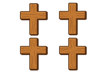 Obraz premium Wooden cross vector icon set. Cartoon Christian religious symbol collection. Wood texture flat design illustration of faith, crucifix, and Easter concept on transparent background.