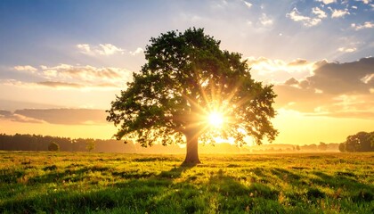 Majestic tree at sunset over a field