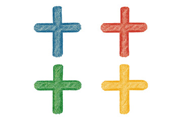 Obraz premium Set of colorful plus signs. Hand-drawn crayon and charcoal texture doodle. Vector illustration of cross symbols for addition or positive concepts on transparent background.
