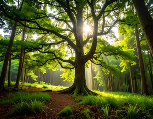 Majestic tree bathed in sunlight in a lush forest