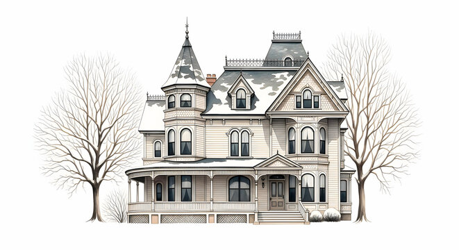 Elegant Victorian mansion illustration with bare winter trees and snow on the roof, classic architecture isolated on a white background