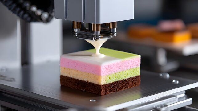 A multi-layered dessert pastry being precisely produced by an advanced food manufacturing hine, showcasing the technology and craftsmanship involved in creating delicate culinary confections.