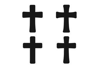 Set of black Christian cross silhouettes. Vector graphic icons for religious and spiritual design. Symbol of faith, Christianity, God, and Jesus. Isolated crucifix illustration.