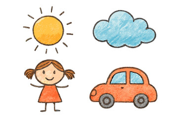 Set of child's crayon drawings. Cute hand-drawn kid sketch collection with car, girl, sun, cloud. Vector illustration with charcoal texture for kids design elements.