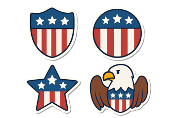 Set of American patriotic symbols. USA flag vector icon collection. Flat cartoon illustration of shield, star, circle, and bald eagle badges. National emblems for 4th of July.
