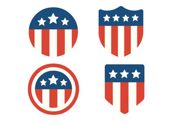 Set of American flag shield icons. USA patriotic emblems and badges with stars and stripes. National symbols for 4th of July, Independence Day. Vector cartoon illustration.