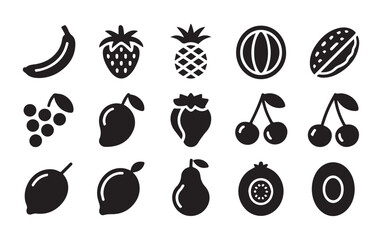 Fruit Glyph Icon Set – Vector Icons of Banana, Strawberry, Pineapple, Melon, Watermelon, Grapes, Mango, Cherry, Lemon, Pear, Pomegranate, and Kiwi. Black Silhouette Illustrations for Food, Health, and