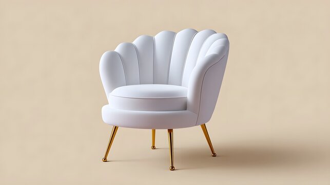 Elegant and minimalist white shell-shaped armchair with curved backrest and wooden legs, showcasing a sophisticated and contemporary design for a cozy and stylish living space