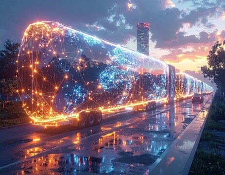 Futuristic Robotic Delivery Truck at Sunset