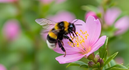A detailed close-up captures a bumblebee on a vibrant pink flower, showcasing its intricate stripes and fuzzy texture.