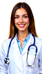 A high-quality portrait of a friendly female doctor wearing a white lab coat and a blue stethoscope, smiling confidently at the camera while isolated on a clean white background