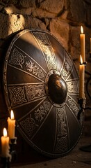A decorative, ornate shield, detailed with intricate carvings and designs, sits amidst a dimly lit, historical setting.