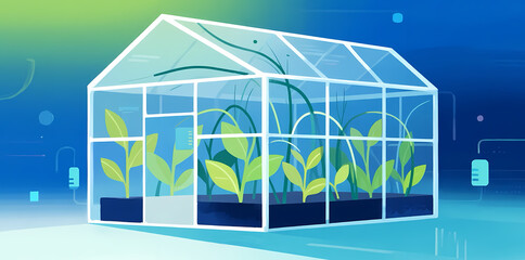 Fototapeta premium Illustration of a transparent greenhouse with growing plants inside, set against a gradient blue background.