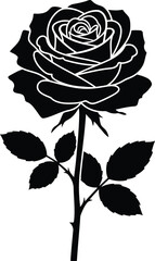 Elegant black silhouette rose flower vector art illustration with stem and leaves for design projects vector