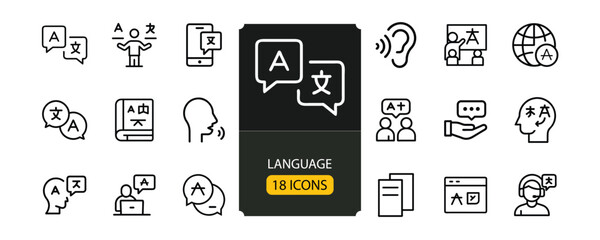 Language Web Icon Set in Line Style, Translation and Communication Vector Collection