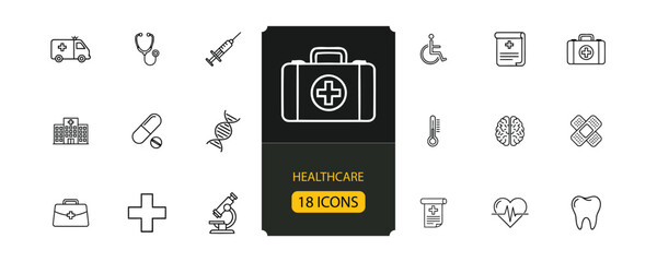 Healthcare set of web icons in line style. Medicine and Health Care linear icon collection.