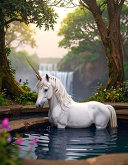 Majestic unicorn by a waterfall