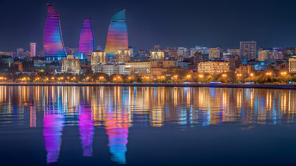 Baku Flame Towers night lights with city reflection in Caspian Sea, Azerbaijan