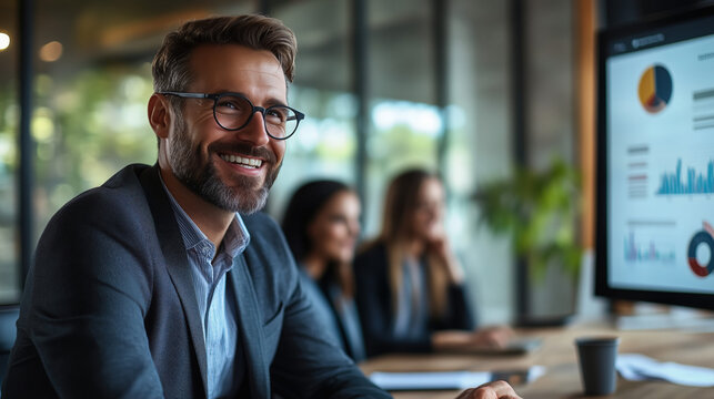 Smiling Asian businessman presenting data on screen to colleagues in conference room