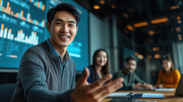 Smiling Asian businessman presenting data on screen to colleagues in conference room
