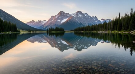 Scenic view of a calm lake reflecting mountains and trees at sunset.
