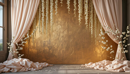  Serene backdrop with antique golden textures, jasmine strands, and pastel blush pink fabric accents.