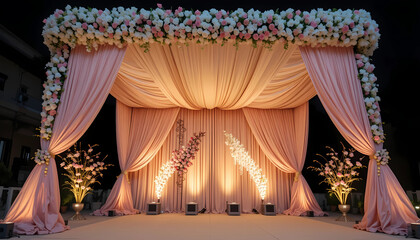 Elegant mandap canopy with soft golden glow, jasmine curtain walls, and pastel rose-pink fabric layers.