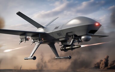 Fototapeta premium Advanced military combat drone flying in action, equipped with missiles and surveillance technology against a smoky battlefield background
