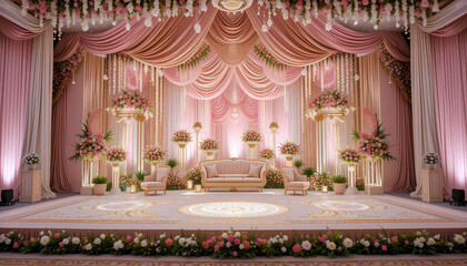Elegant stage design with golden kolam floor patterns, jasmine garlands, and pastel blush-pink accents.