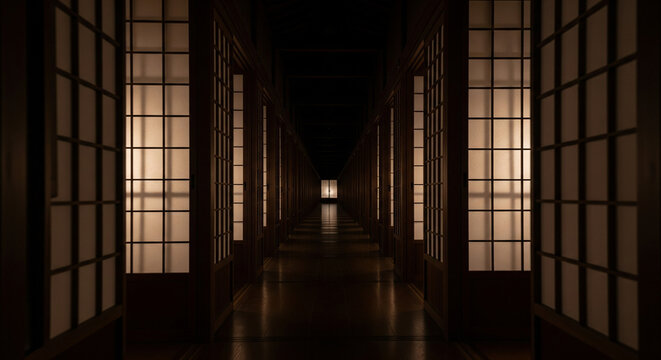 Endless Ancient Japanese Hallway with Shoji Doors and Mysterious Light