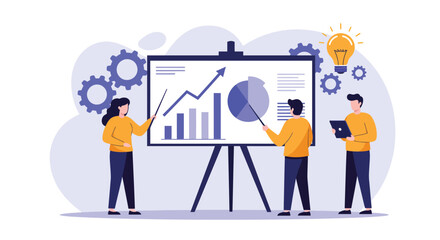 Vector art of team presenting a business growth chart on a whiteboard with gears and a lightbulb symbolizing ideas