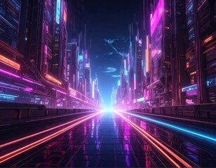Futuristic Neon Glitch Cityscape at Night