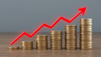 Financial growth depicted by stacked coins and a rising arrow graph