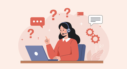 Vector art of customer service representative with headset and laptop, surrounded by question marks and chat bubbles, symbolizing support and problem solving